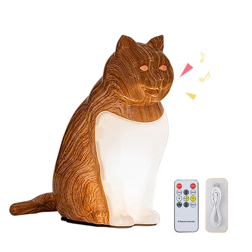 Cat Ornament Night Light for Bedroom Bedside USB Rechargeable Aromatherapy Lamp with Touch  /  Remote Control and Cat Sound - Maple Wood Grain - 1