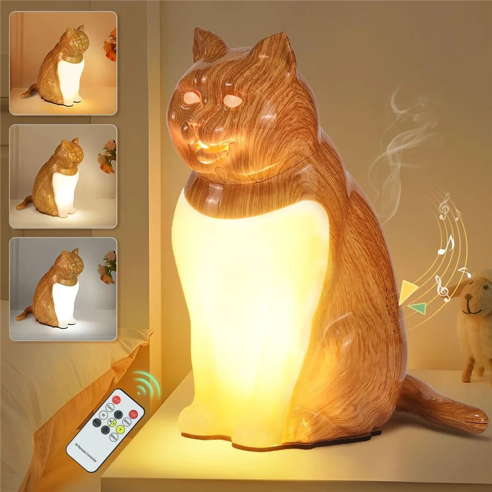 Cat Ornament Night Light for Bedroom Bedside USB Rechargeable Aromatherapy Lamp with Touch  /  Remote Control and Cat Sound - Maple Wood Grain - 2