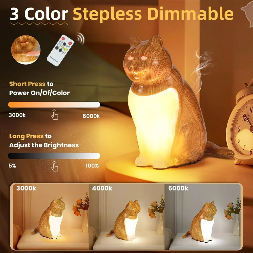 Cat Ornament Night Light for Bedroom Bedside USB Rechargeable Aromatherapy Lamp with Touch  /  Remote Control and Cat Sound - Maple Wood Grain - 3