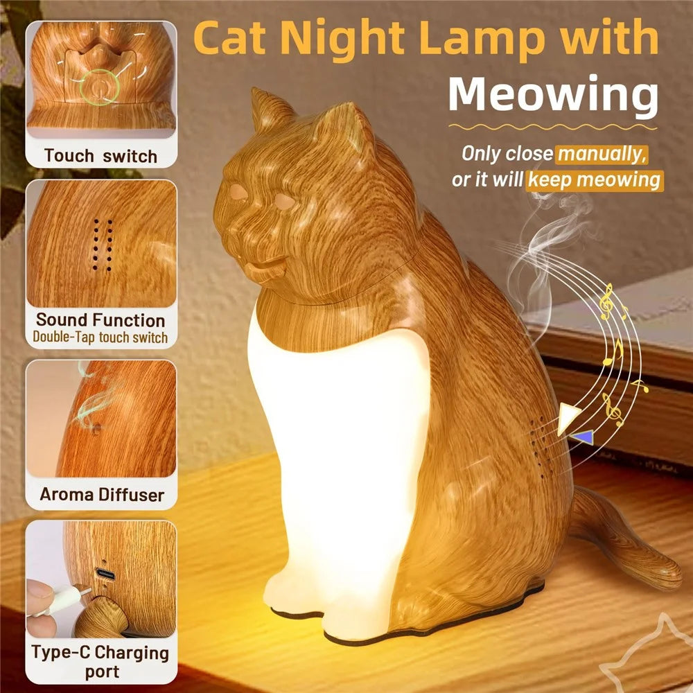 Cat Ornament Night Light for Bedroom Bedside USB Rechargeable Aromatherapy Lamp with Touch  /  Remote Control and Cat Sound - Maple Wood Grain - 4