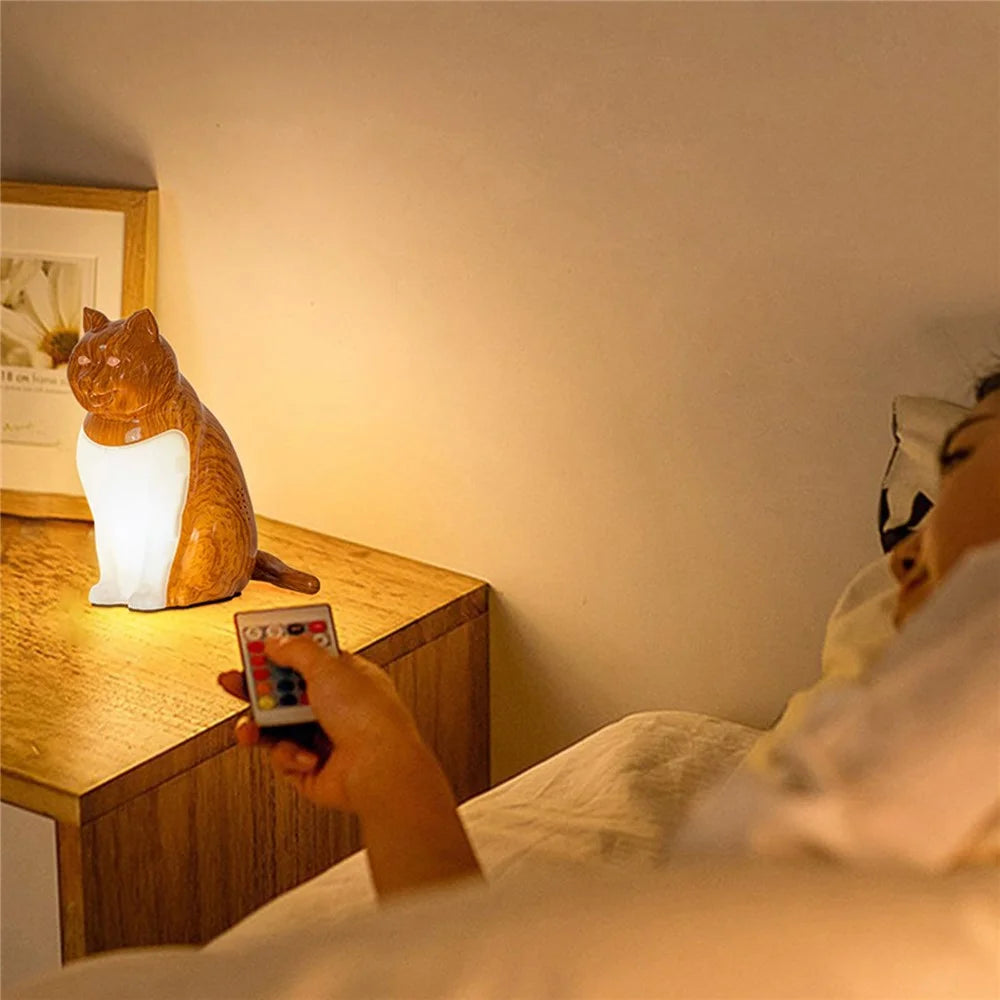 Cat Ornament Night Light for Bedroom Bedside USB Rechargeable Aromatherapy Lamp with Touch  /  Remote Control and Cat Sound - Maple Wood Grain - 5