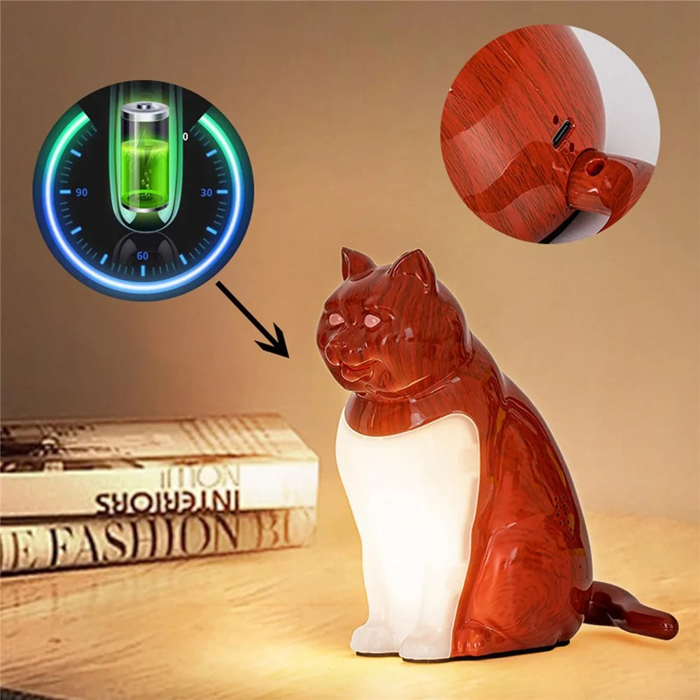 Cat Ornament Night Light for Bedroom Bedside USB Rechargeable Aromatherapy Lamp with Touch  /  Remote Control and Cat Sound - Maple Wood Grain - 6