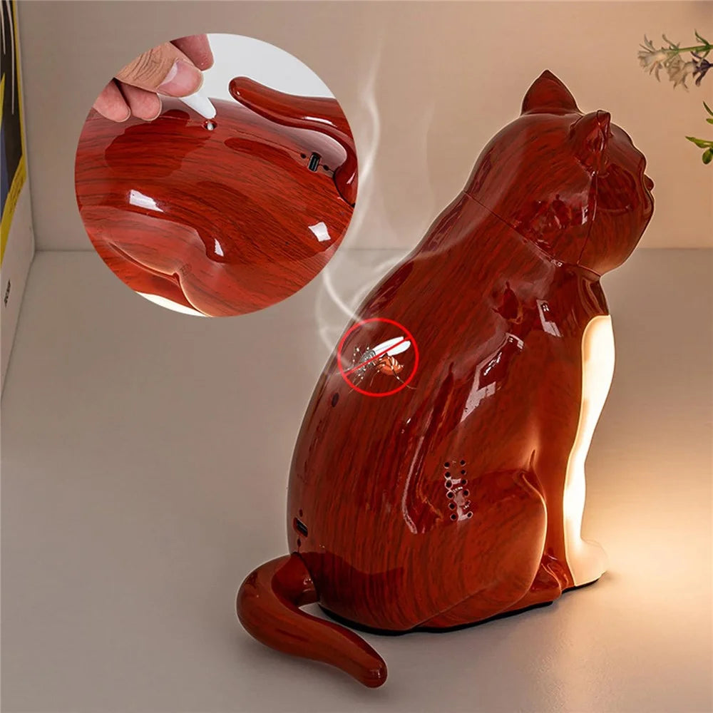 Cat Ornament Night Light for Bedroom Bedside USB Rechargeable Aromatherapy Lamp with Touch  /  Remote Control and Cat Sound - Maple Wood Grain - 7