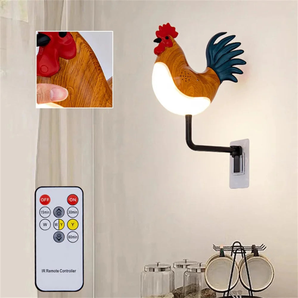 Rooster Ornament Wall Night Light for Bedroom Hallway USB Rechargeable Aromatherapy Lamp with Touch  /  Remote Control and Rooster Sound - Maple Wood Grain - 3