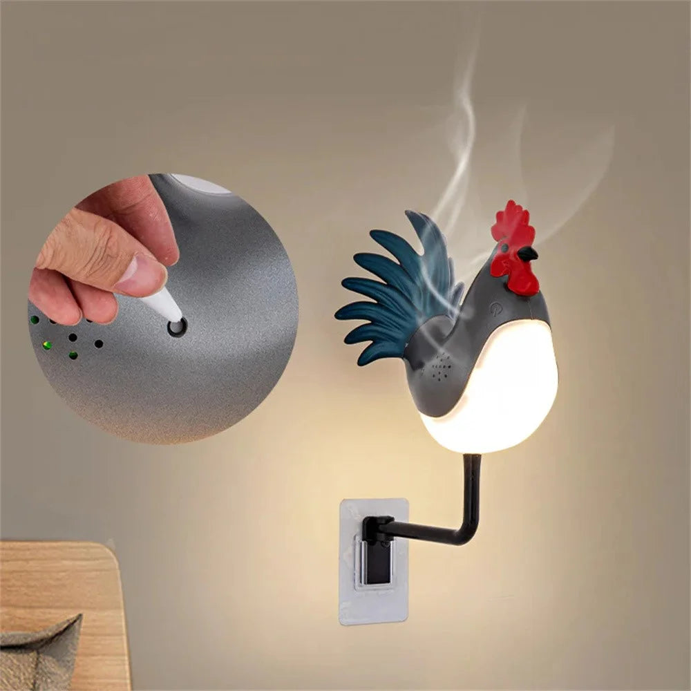 Rooster Ornament Wall Night Light for Bedroom Hallway USB Rechargeable Aromatherapy Lamp with Touch  /  Remote Control and Rooster Sound - Maple Wood Grain - 5