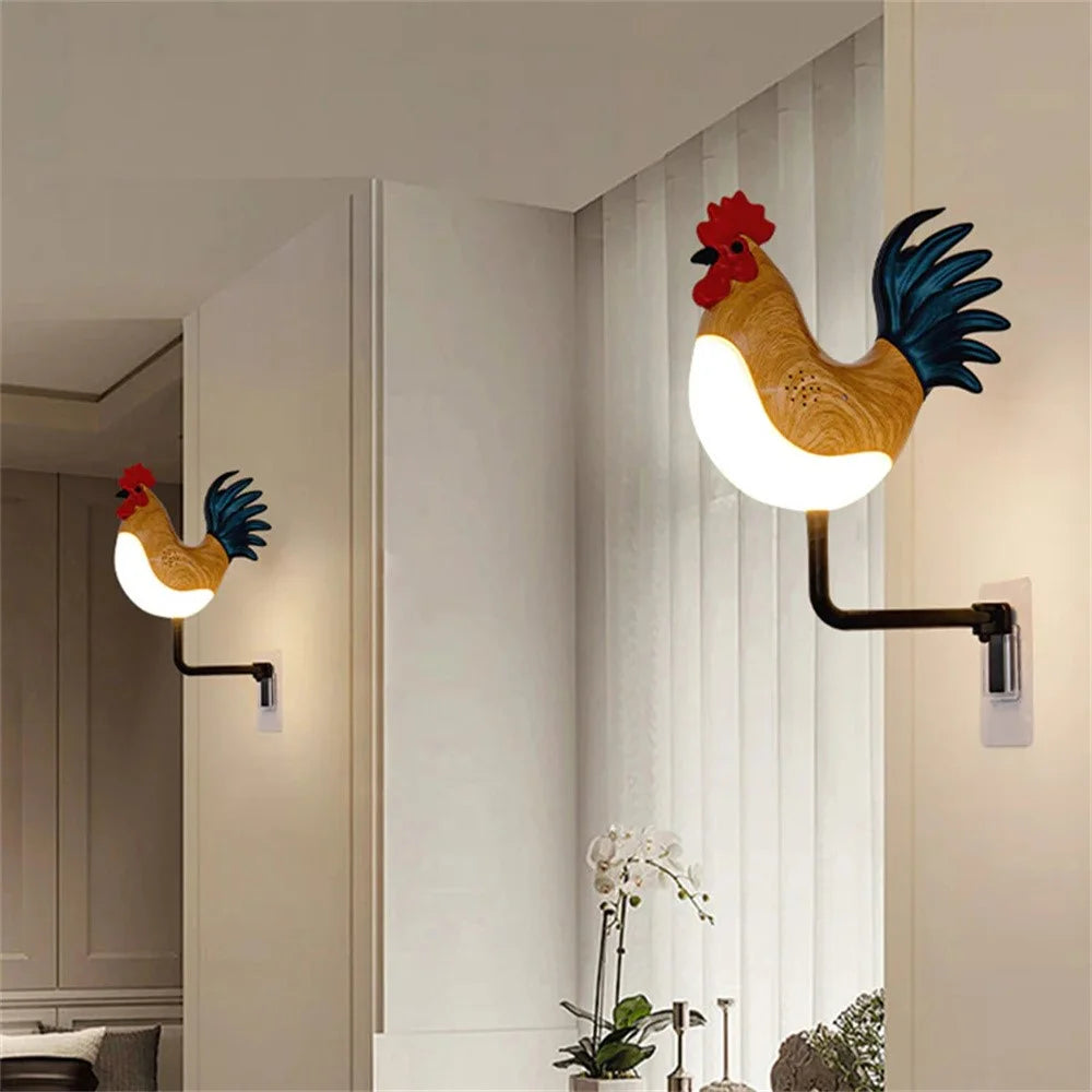 Rooster Ornament Wall Night Light for Bedroom Hallway USB Rechargeable Aromatherapy Lamp with Touch  /  Remote Control and Rooster Sound - Maple Wood Grain - 7