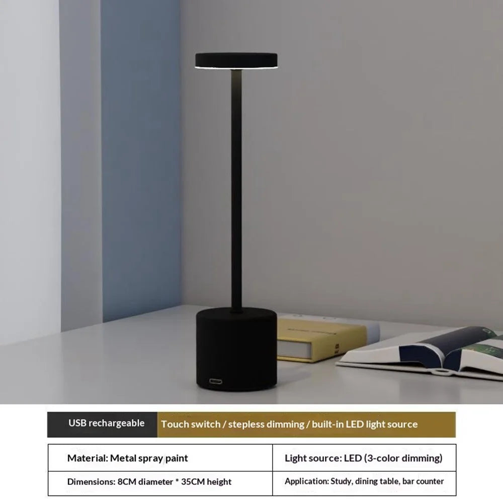 Metal LED Charging Table Lamp Touch Control Desk Ambient Light USB Rechargeable Night Light for Dining Room Bedroom - Black - 2