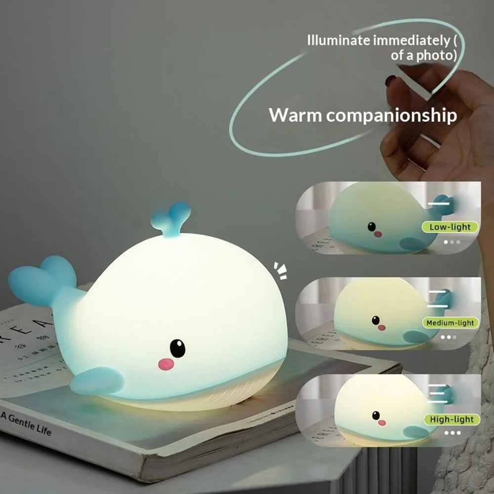 PP-D06 Whale Shape Night Light for Kids Room 3 Brightness Levels USB Rechargeable Touch Control Silicone Bedside Lamp - Blue - 3