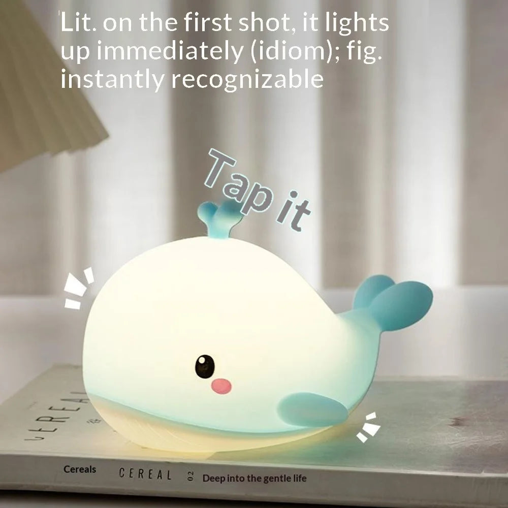 PP-D06 Whale Shape Night Light for Kids Room 3 Brightness Levels USB Rechargeable Touch Control Silicone Bedside Lamp - Blue - 5