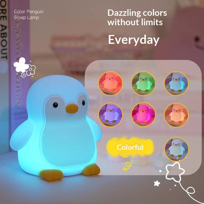 7 Color Changing Penguin Shape Silicone Night Light Tap Control Bedside Lamp with Timer for Children's Bedroom - Blue - 2
