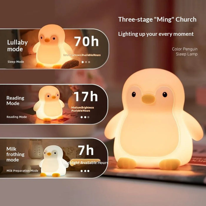7 Color Changing Penguin Shape Silicone Night Light Tap Control Bedside Lamp with Timer for Children's Bedroom - Blue - 5