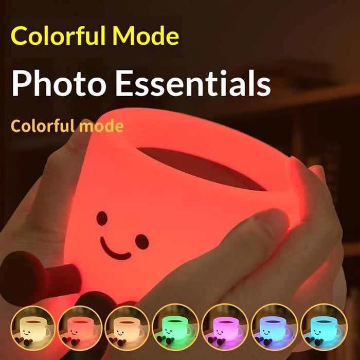 Cute Coffee Cup Shape Night Light with Phone Stand Tap Control 7 Color Changing LED Bedside Lamp - 3