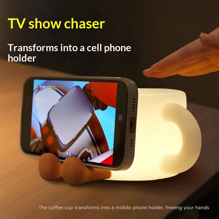 Cute Coffee Cup Shape Night Light with Phone Stand Tap Control 7 Color Changing LED Bedside Lamp - 5