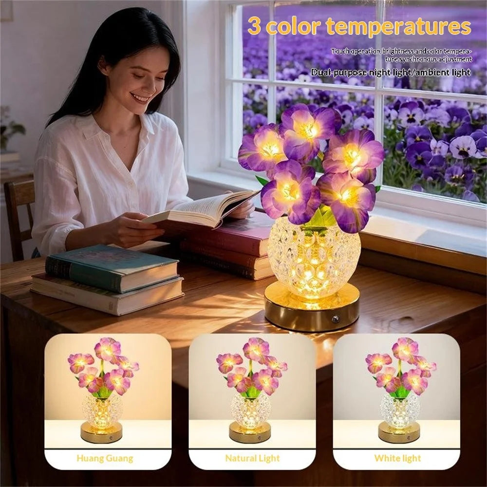 Simulated Cherry Blossom Glass Vase Night Light USB Touch Control 3 Color Dimmable Ambient Table Lamp - Purple - 2