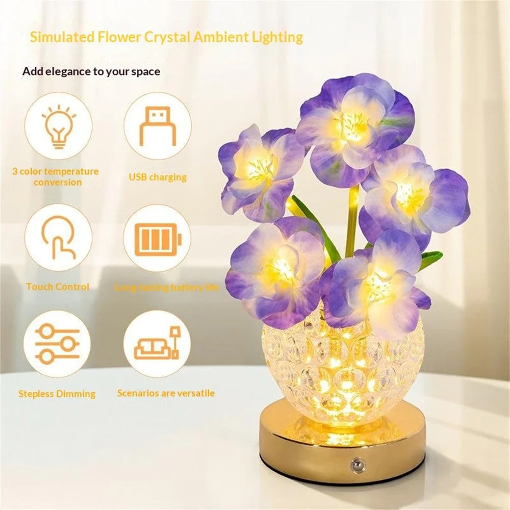 Simulated Cherry Blossom Glass Vase Night Light USB Touch Control 3 Color Dimmable Ambient Table Lamp - Purple - 3