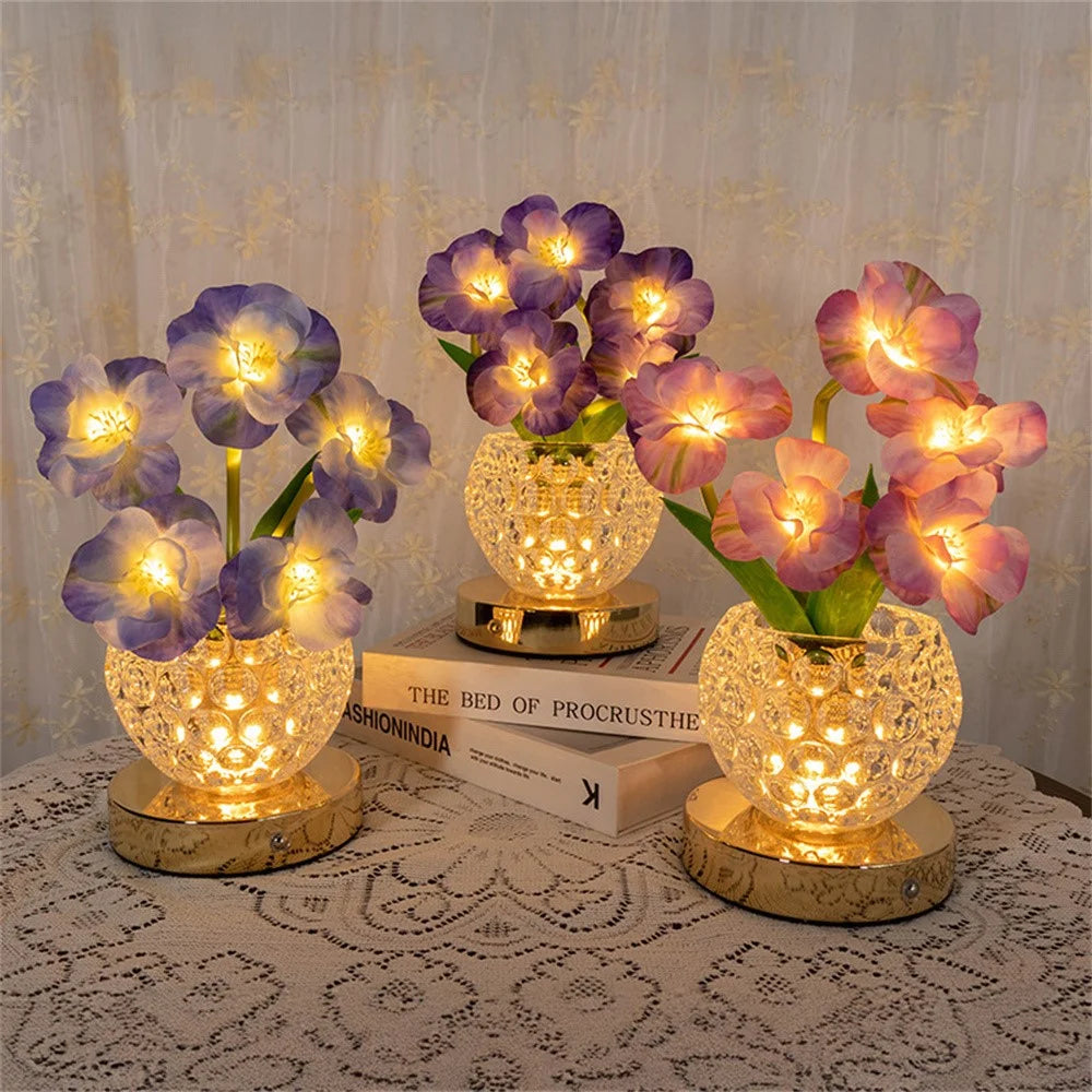Simulated Cherry Blossom Glass Vase Night Light USB Touch Control 3 Color Dimmable Ambient Table Lamp - Purple - 7