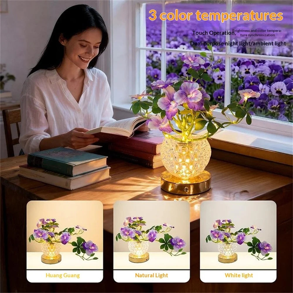 Pansy Glass Vase Ambient Light Home Decor Touch Control 3 Color Temperature USB Rechargeable Night Light - Purple - 3