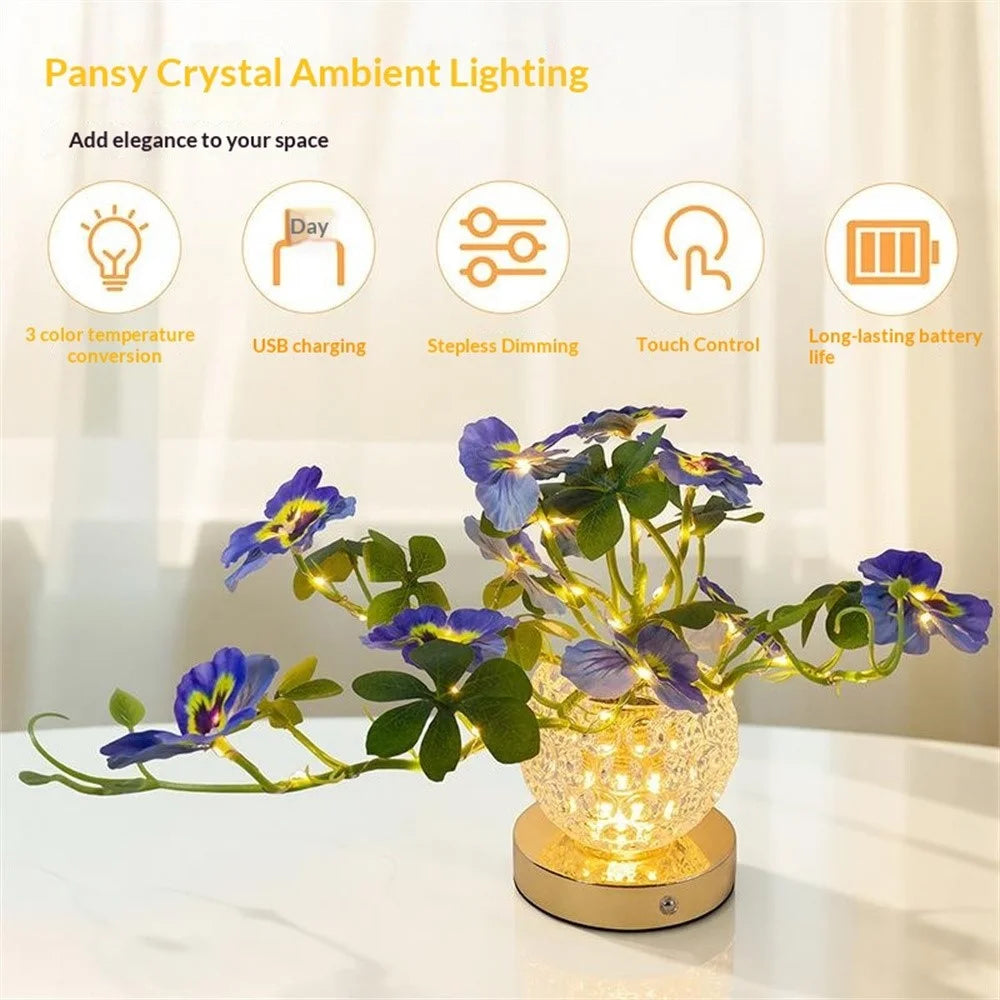 Pansy Glass Vase Ambient Light Home Decor Touch Control 3 Color Temperature USB Rechargeable Night Light - Purple - 4