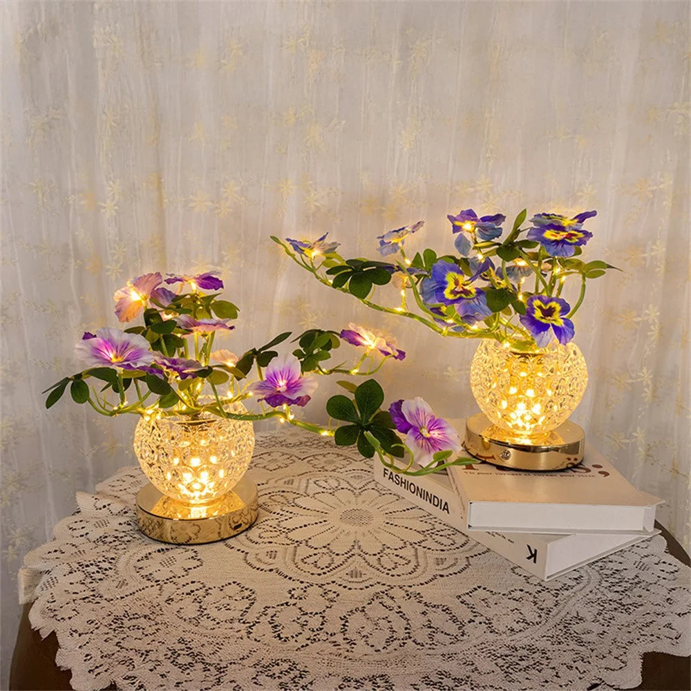 Pansy Glass Vase Ambient Light Home Decor Touch Control 3 Color Temperature USB Rechargeable Night Light - Purple - 7