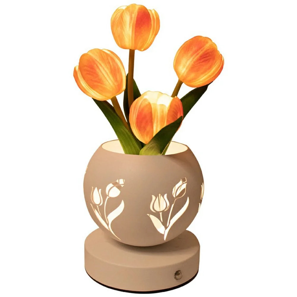 Tulip Night Light Table Lamp USB Bedside Hollow Projection Light Ambient Lighting Touch Control 3 Color Temperature - Orange - 1