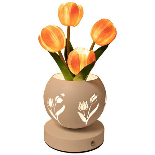 Tulip Night Light Table Lamp USB Bedside Hollow Projection Light Ambient Lighting Touch Control 3 Color Temperature - Orange - 1