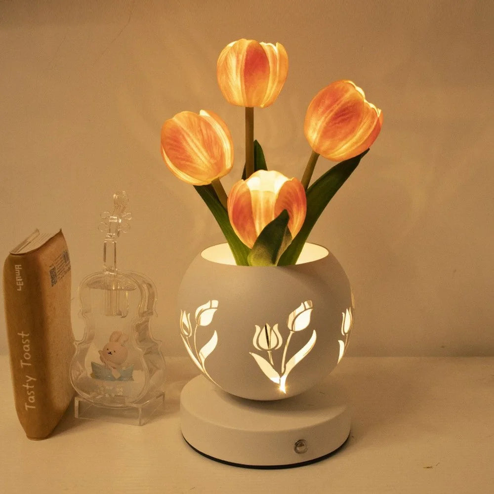 Tulip Night Light Table Lamp USB Bedside Hollow Projection Light Ambient Lighting Touch Control 3 Color Temperature - Orange - 2