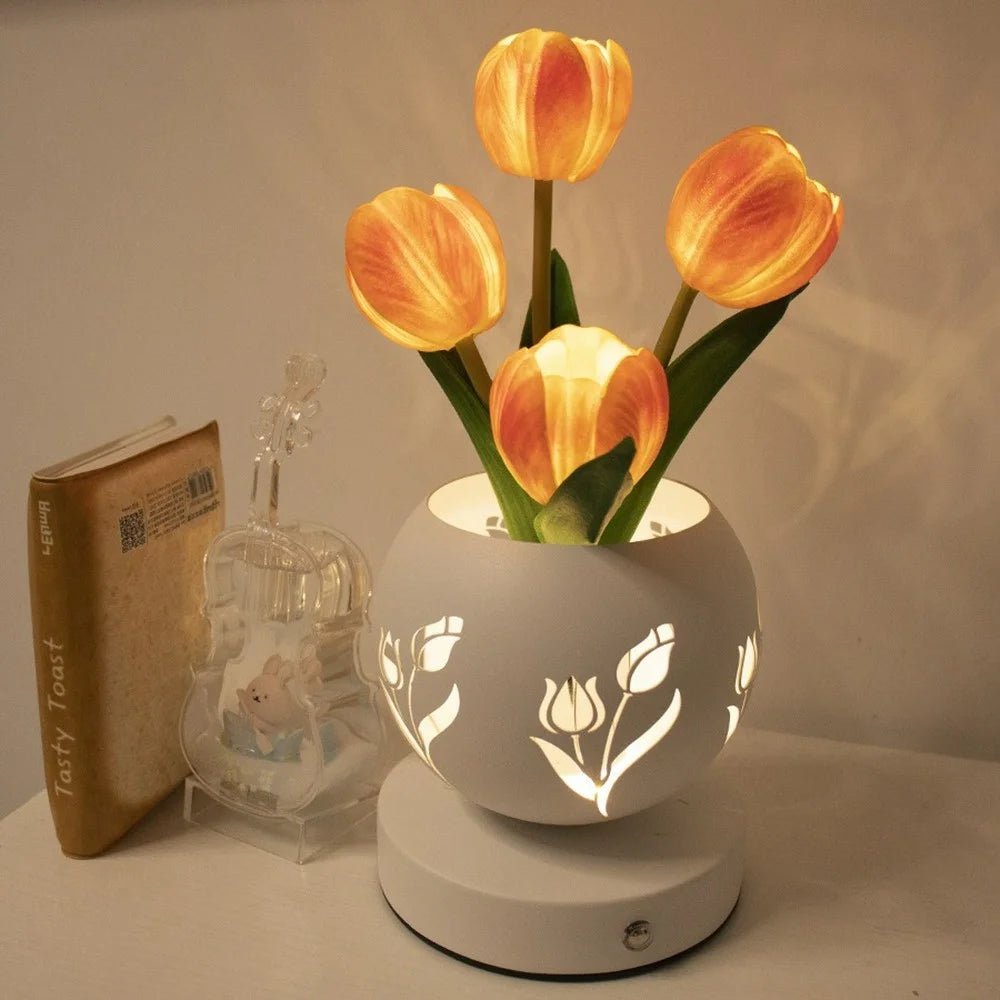 Tulip Night Light Table Lamp USB Bedside Hollow Projection Light Ambient Lighting Touch Control 3 Color Temperature - Orange - 3
