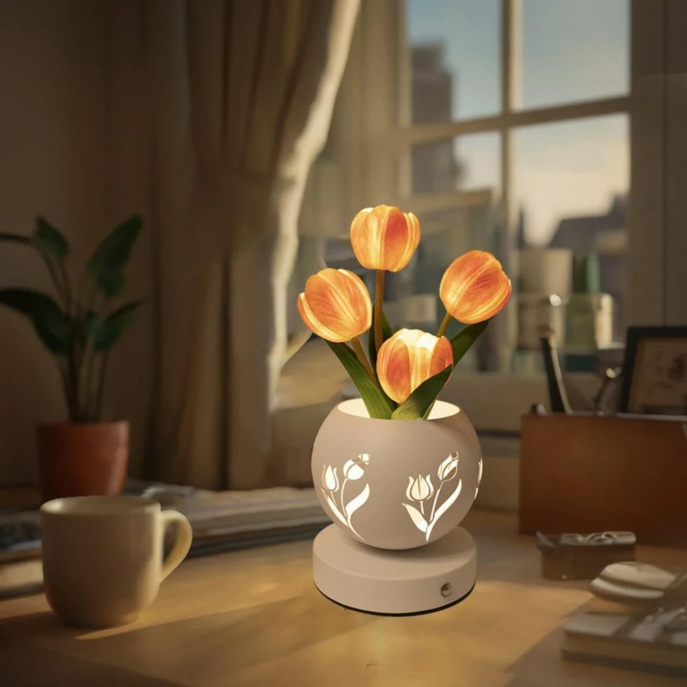 Tulip Night Light Table Lamp USB Bedside Hollow Projection Light Ambient Lighting Touch Control 3 Color Temperature - Orange - 4