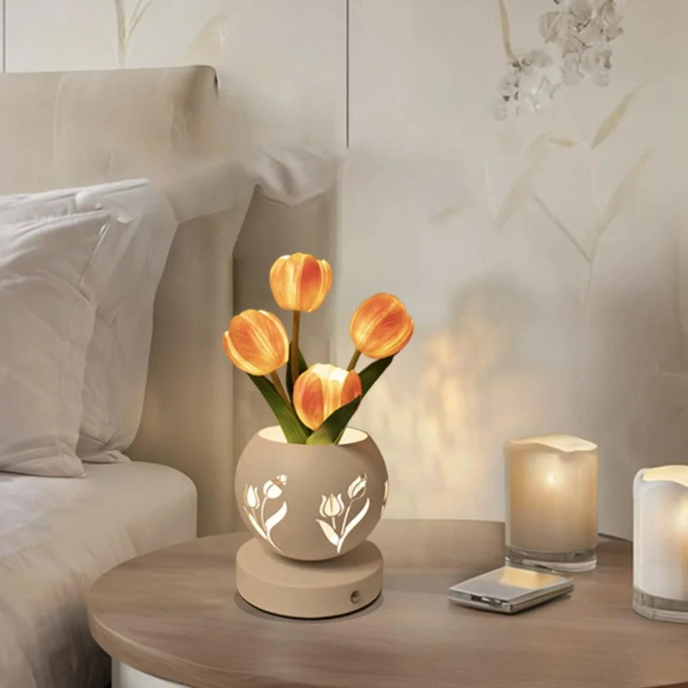 Tulip Night Light Table Lamp USB Bedside Hollow Projection Light Ambient Lighting Touch Control 3 Color Temperature - Orange - 5