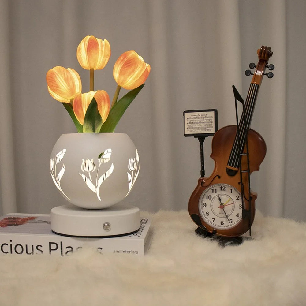 Tulip Night Light Table Lamp USB Bedside Hollow Projection Light Ambient Lighting Touch Control 3 Color Temperature - Orange - 6