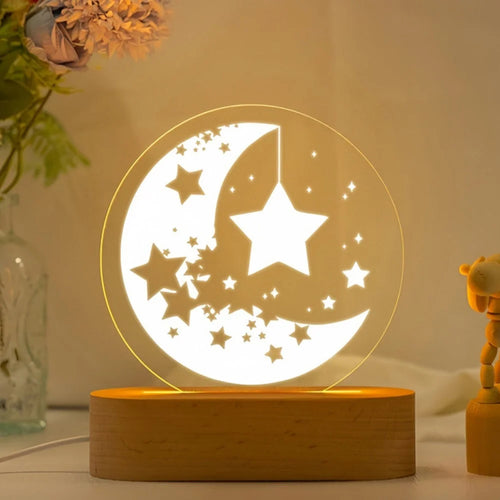 3D Star Moon LED Beech Wood Table Lamp Night Light Ambient Decor USB Three Color Oval Beech Base - Type A - 1