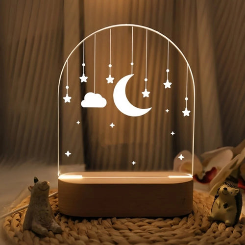 Stars and Moon LED Beech Wood Table Lamp 3D Decorative Night Light USB Three Color Adjustment - Type A - 1