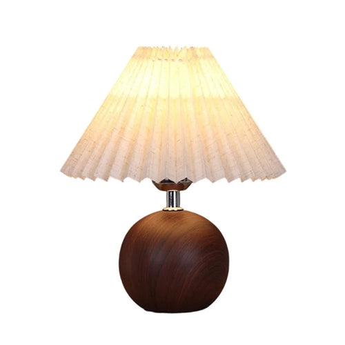 Pleated Table Lamp Bedroom Bedside Light Warm Romantic Simple Atmosphere Lamp 3 Color Dimming EU Plug - Walnut Grain (Linen Cover) - 1
