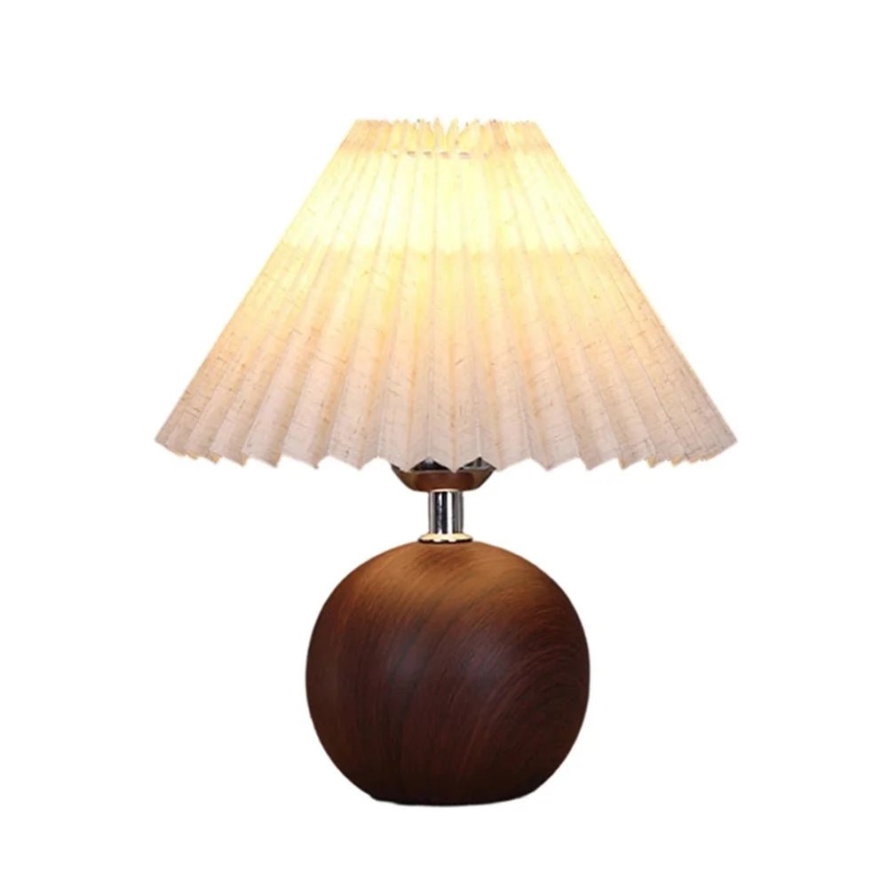 Pleated Table Lamp Bedroom Bedside Light Warm Romantic Simple Atmosphere Lamp 3 Color Dimming EU Plug - Walnut Grain (Linen Cover) - 1