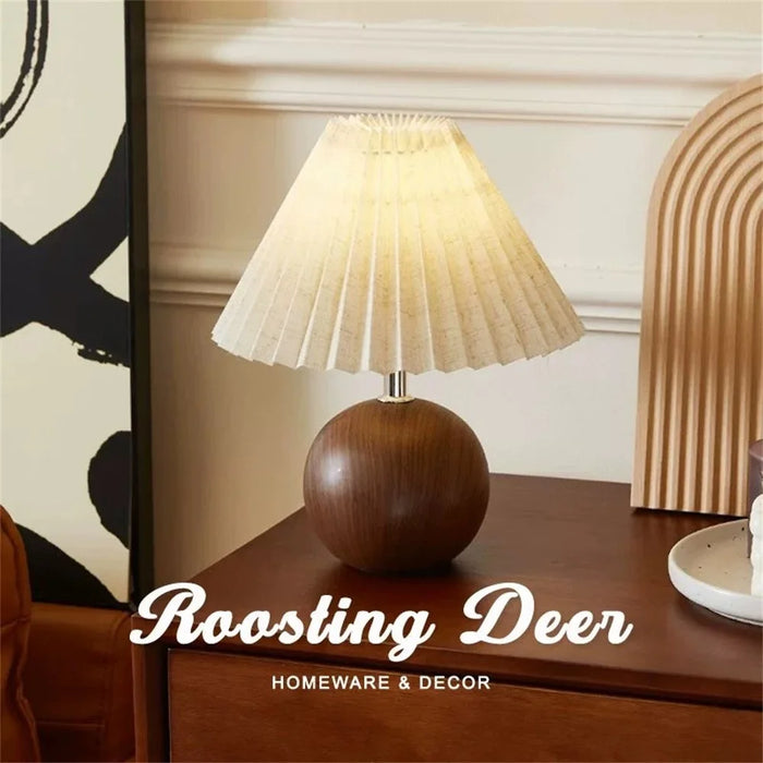 Pleated Table Lamp Bedroom Bedside Light Warm Romantic Simple Atmosphere Lamp 3 Color Dimming EU Plug - Walnut Grain (Linen Cover) - 4