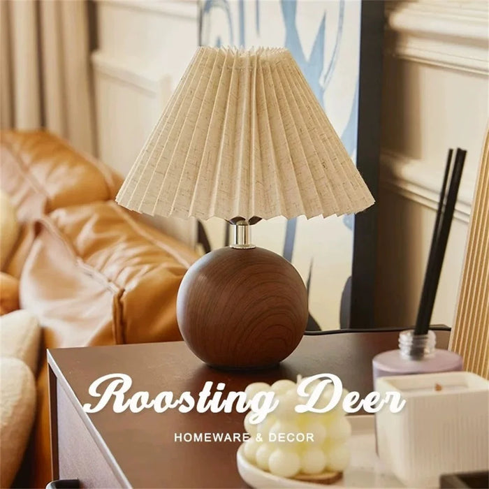 Pleated Table Lamp Bedroom Bedside Light Warm Romantic Simple Atmosphere Lamp 3 Color Dimming EU Plug - Walnut Grain (Linen Cover) - 5