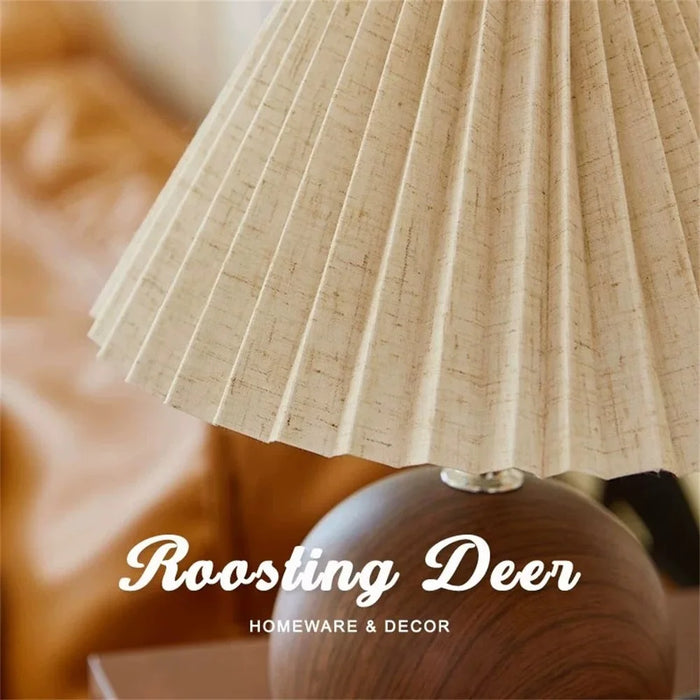 Pleated Table Lamp Bedroom Bedside Light Warm Romantic Simple Atmosphere Lamp 3 Color Dimming EU Plug - Walnut Grain (Linen Cover) - 6