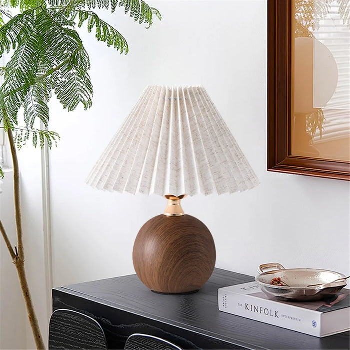 Pleated Table Lamp Bedroom Bedside Light Warm Romantic Simple Atmosphere Lamp 3 Color Dimming EU Plug - Walnut Grain (Linen Cover) - 7