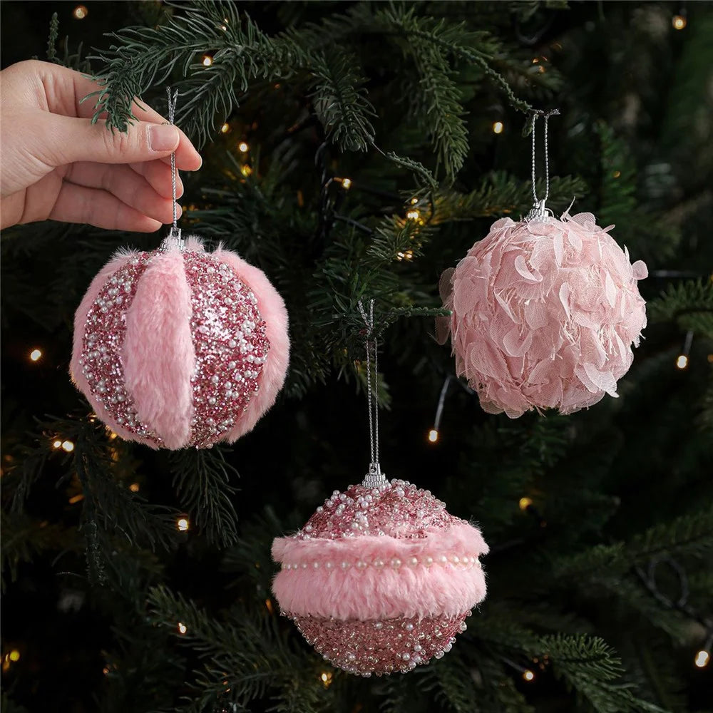Pink Christmas Ball Ornament Fluffy Foam Xmas Tree Hanging Decoration DIY Party Decor - Style A - 5