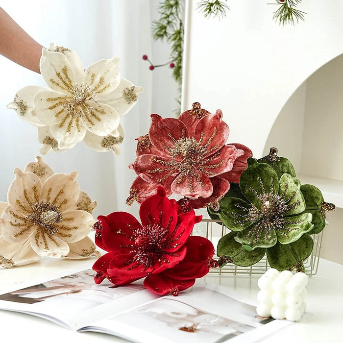 Christmas Artificial Magnolia Flower Xmas Tree Decoration Holiday Ornament - Red - 2