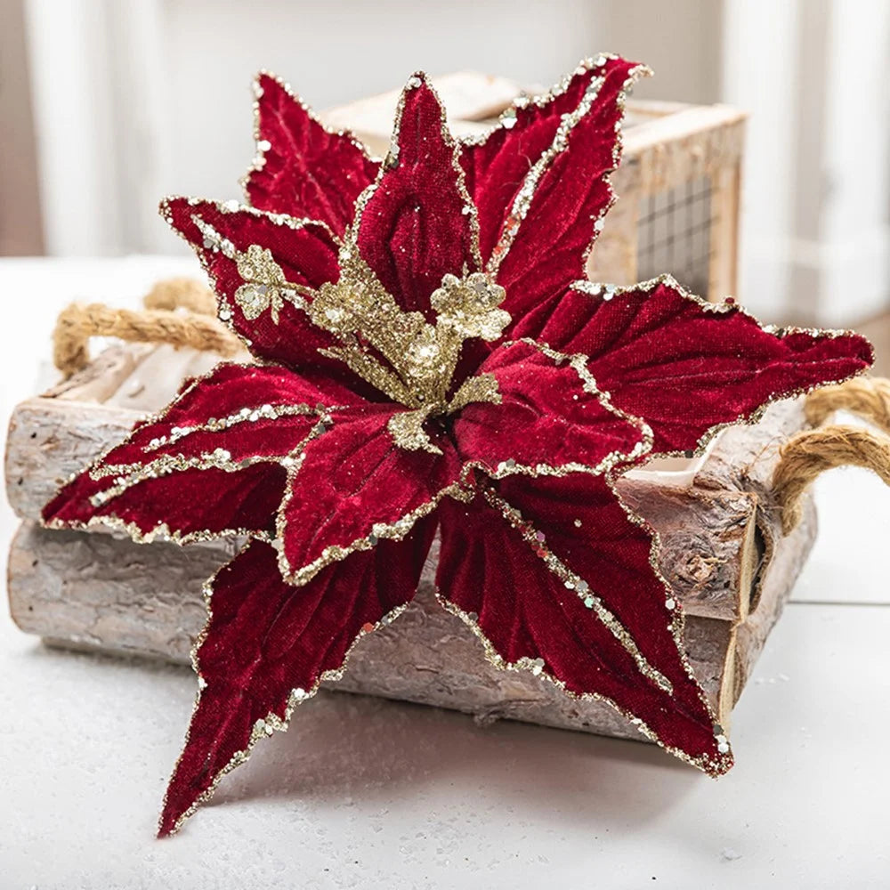 30cm Christmas Flower Glitter Sparkle Artificial Flower Christmas Tree Hanging Flower - Wine Red - 1