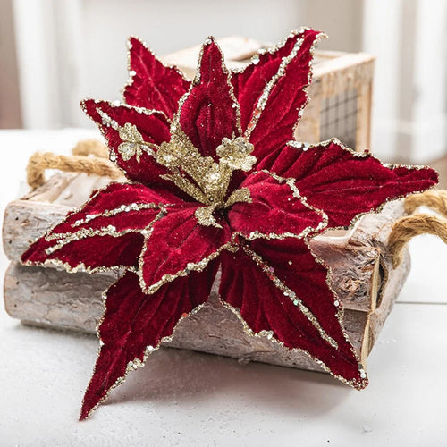 30cm Christmas Flower Glitter Sparkle Artificial Flower Christmas Tree Hanging Flower - Wine Red - 1