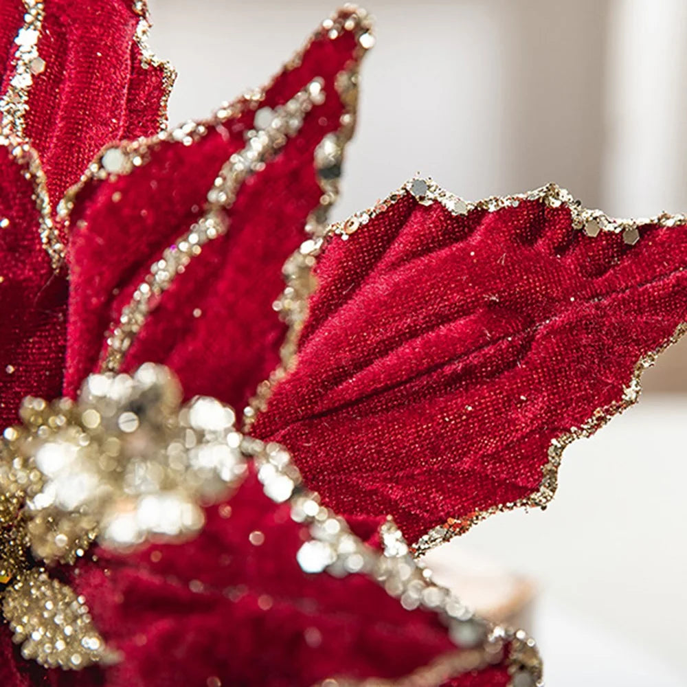 30cm Christmas Flower Glitter Sparkle Artificial Flower Christmas Tree Hanging Flower - Wine Red - 2