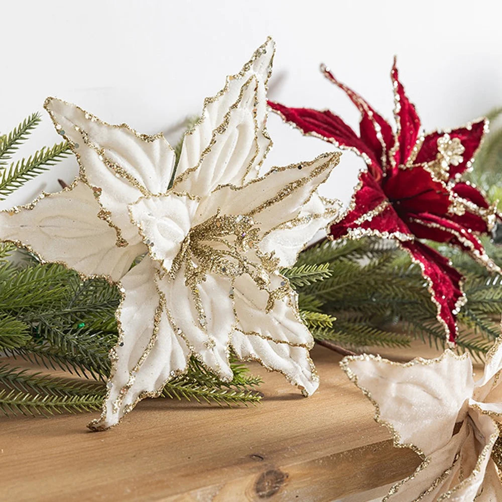30cm Christmas Flower Glitter Sparkle Artificial Flower Christmas Tree Hanging Flower - Wine Red - 3