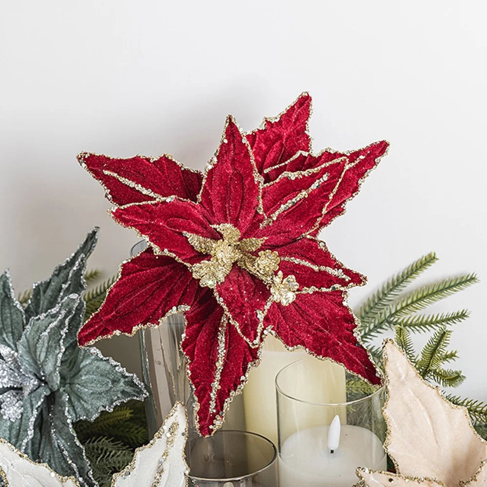 30cm Christmas Flower Glitter Sparkle Artificial Flower Christmas Tree Hanging Flower - Wine Red - 4