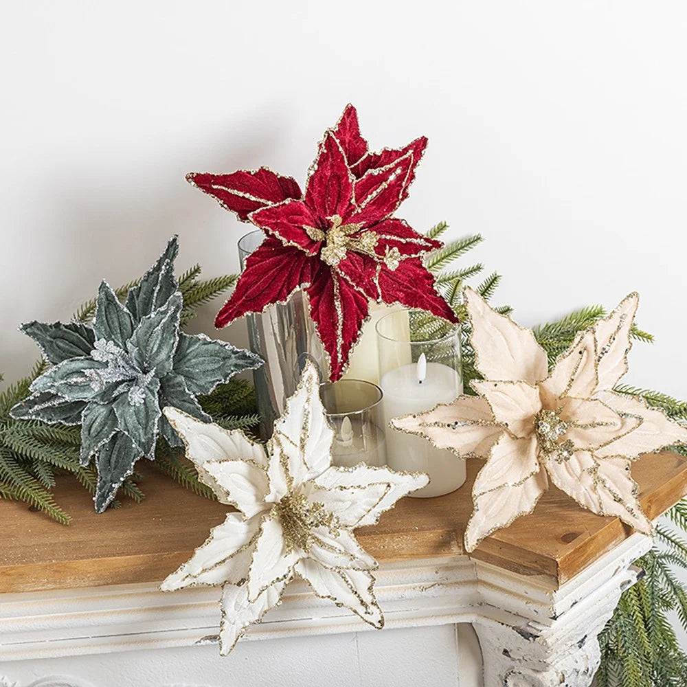 30cm Christmas Flower Glitter Sparkle Artificial Flower Christmas Tree Hanging Flower - Wine Red - 5