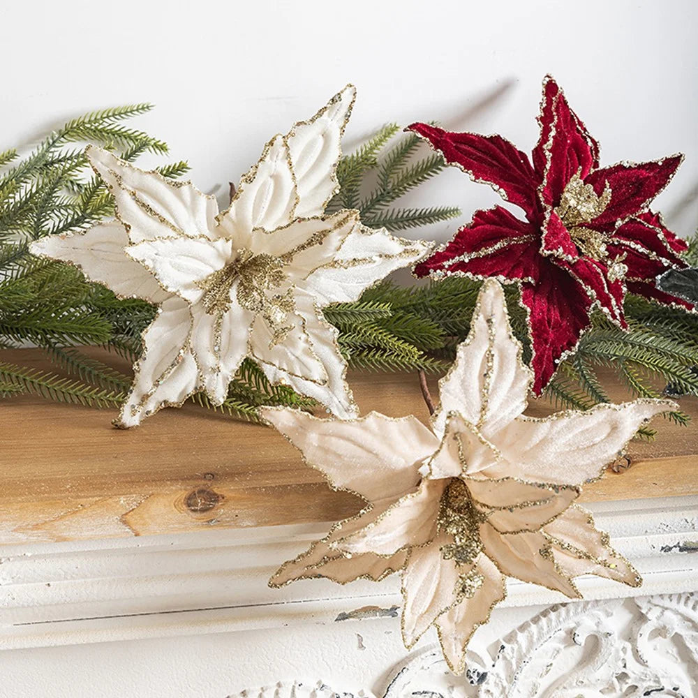 30cm Christmas Flower Glitter Sparkle Artificial Flower Christmas Tree Hanging Flower - Wine Red - 6