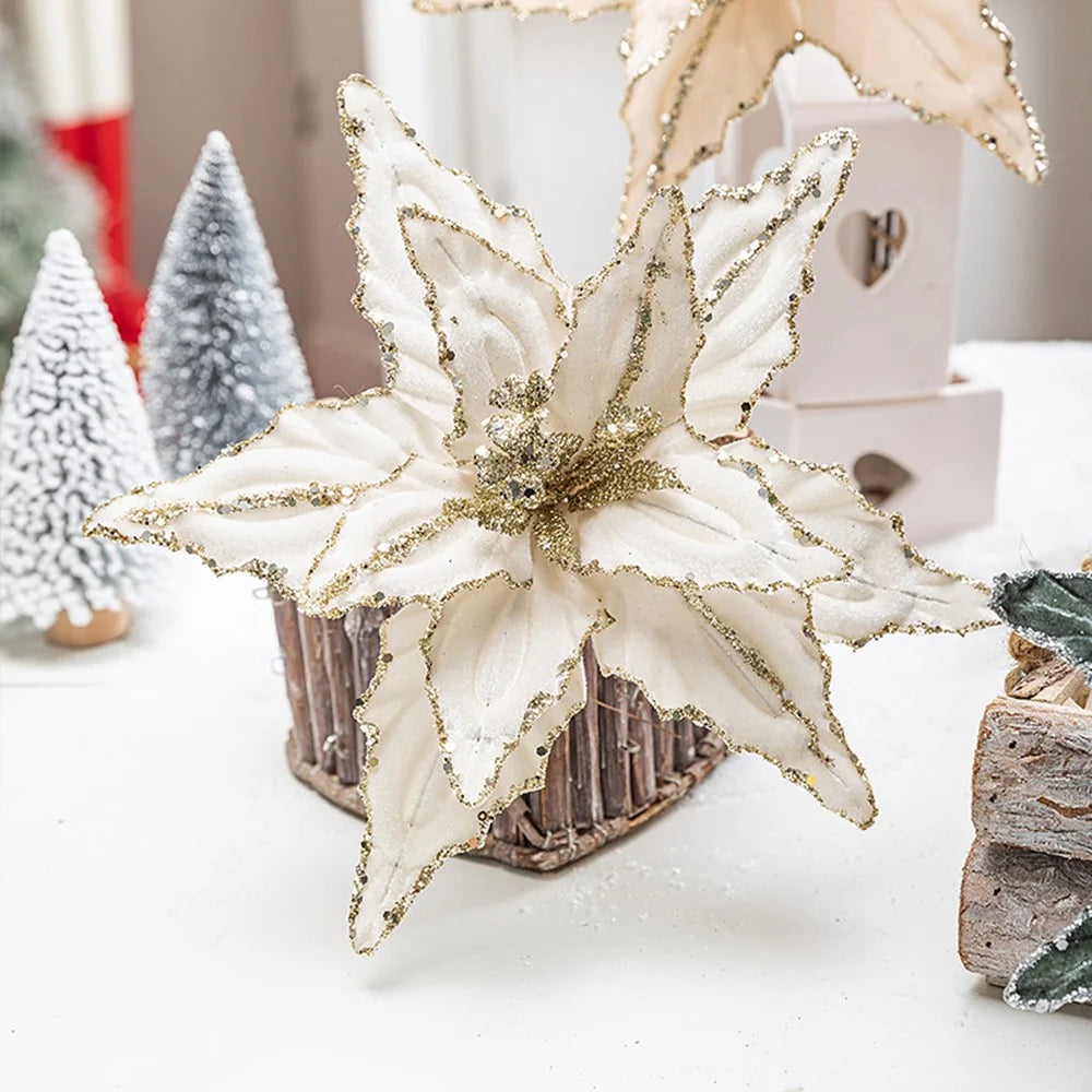 30cm Christmas Flower Glitter Sparkle Artificial Flower Christmas Tree Hanging Flower - Wine Red - 7