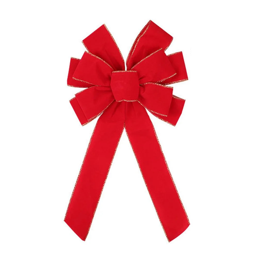 10-Loop Bow Large Velvet Christmas Bow with Glitter Gold Edge Xmas Tree Top Bow Front Door Decor - Red - 1