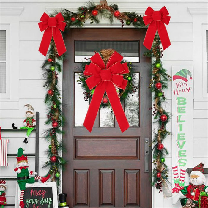 10-Loop Bow Large Velvet Christmas Bow with Glitter Gold Edge Xmas Tree Top Bow Front Door Decor - Red - 2